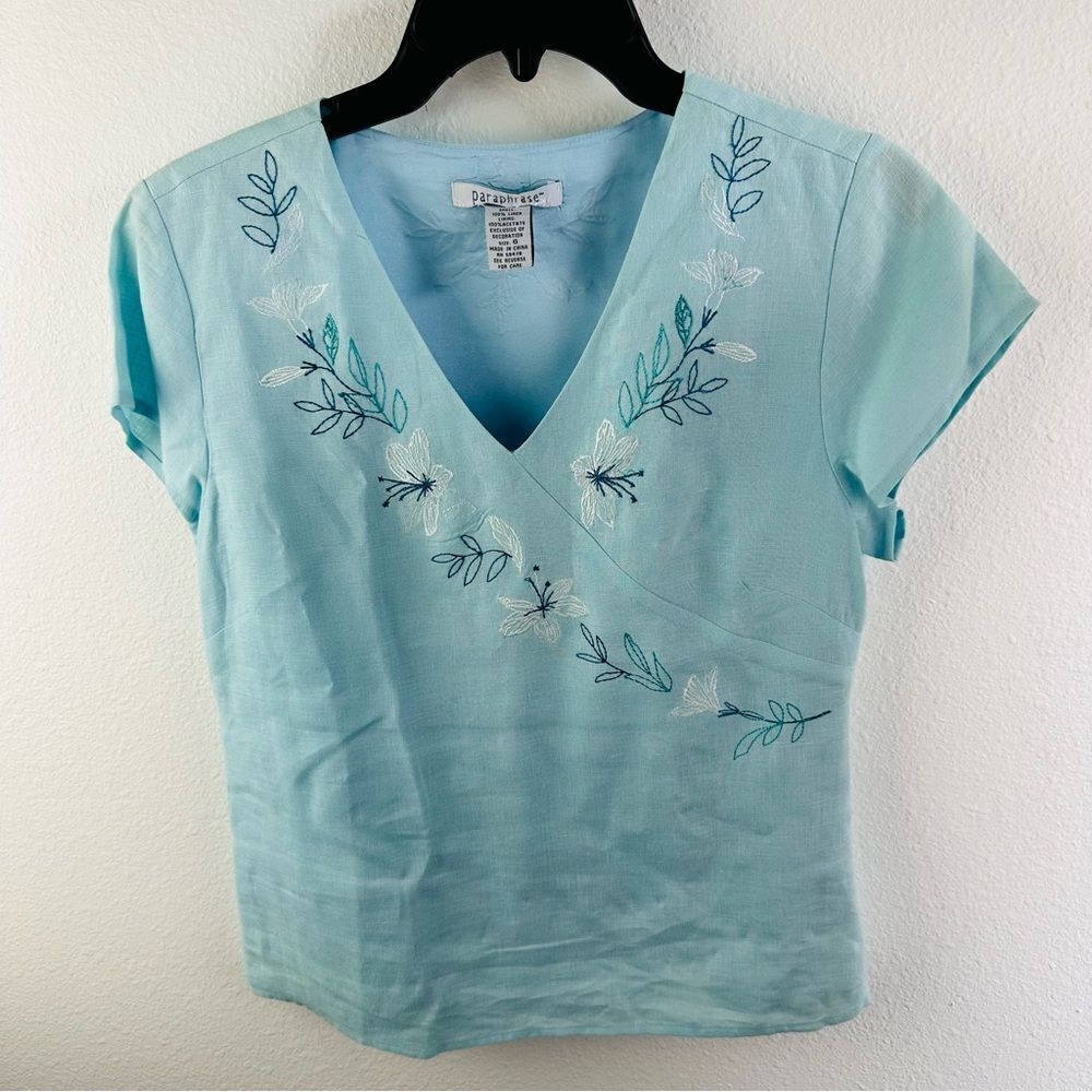 Paraphrase Embroidered‎ Light Blue Lined Linen Top Size 6